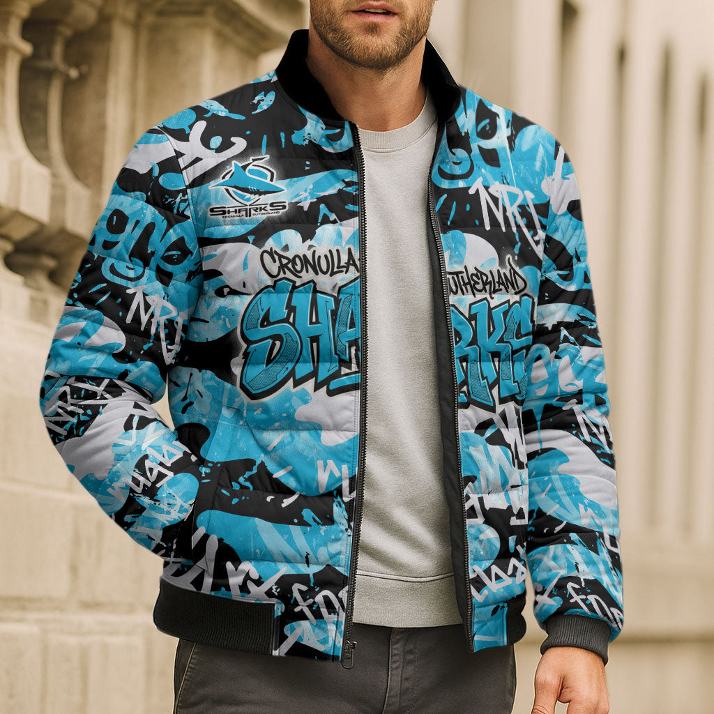 Cronulla-Sutherland Sharks Rugby Bomber Puffer Jacket Graffiti Typography Urban Camo Abstract Street Style