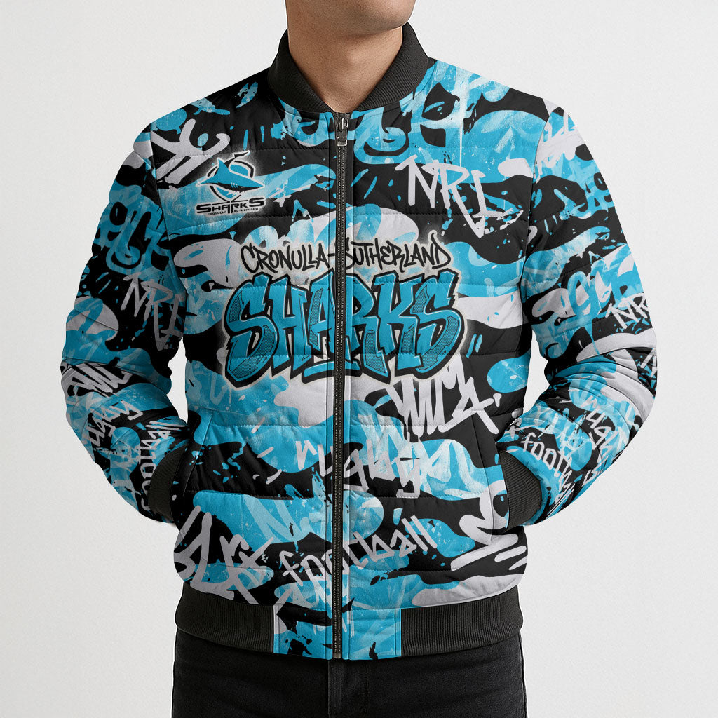 Cronulla-Sutherland Sharks Rugby Bomber Puffer Jacket Graffiti Typography Urban Camo Abstract Street Style