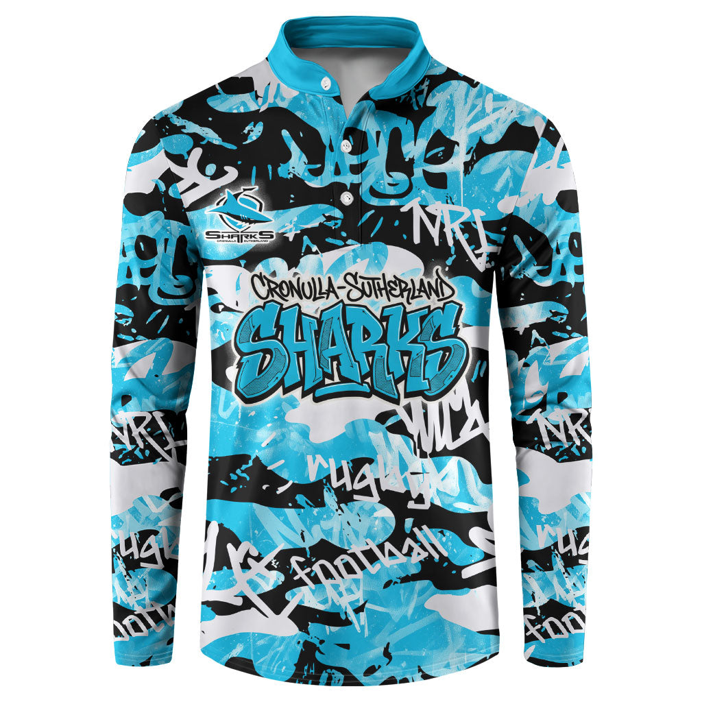 Cronulla-Sutherland Sharks Rugby Button Sweatshirt Graffiti Typography Urban Camo Abstract Street Style