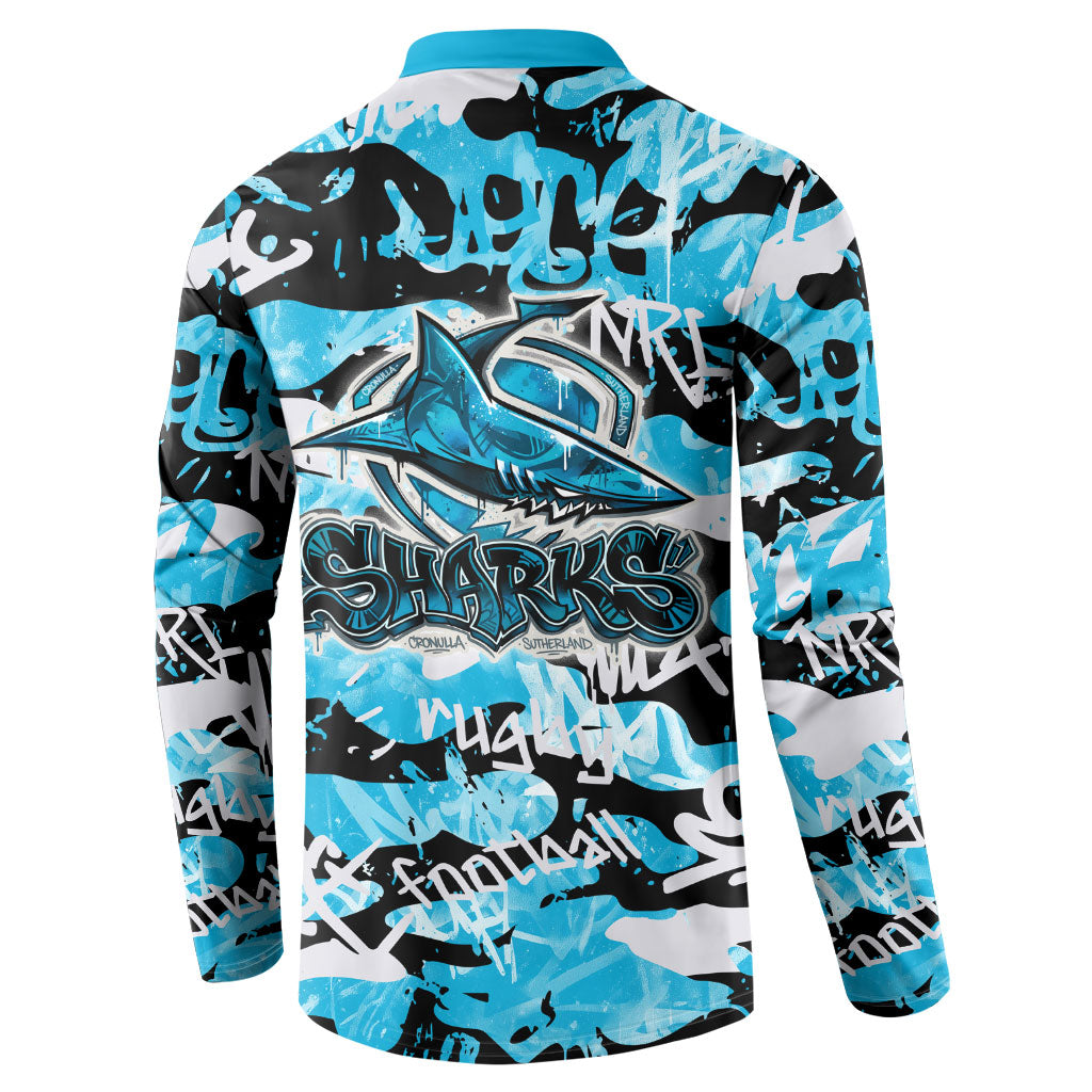 Cronulla-Sutherland Sharks Rugby Button Sweatshirt Graffiti Typography Urban Camo Abstract Street Style