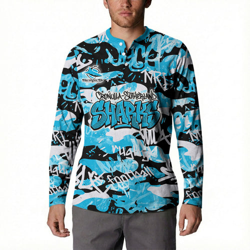 Cronulla-Sutherland Sharks Rugby Button Sweatshirt Graffiti Typography Urban Camo Abstract Street Style