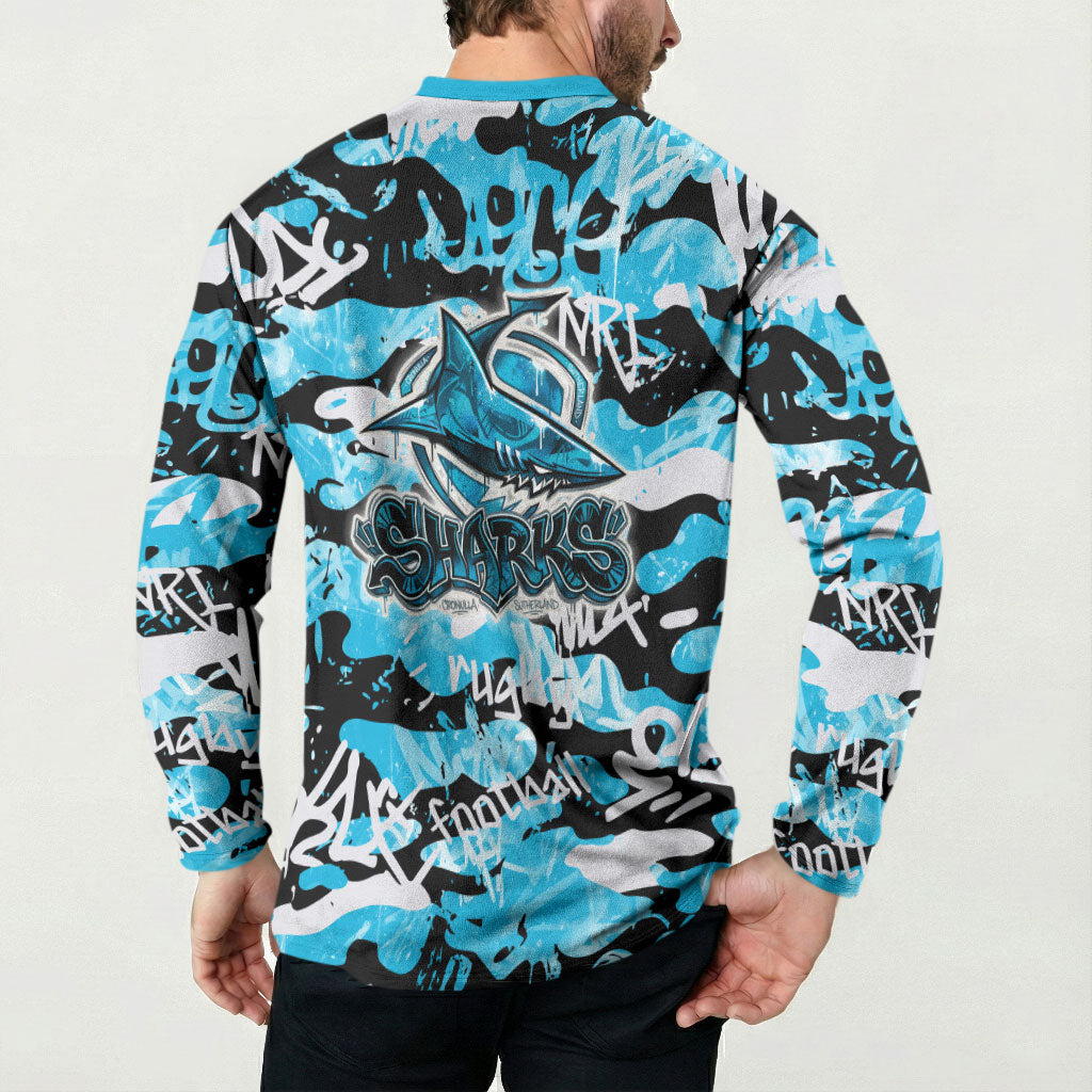Cronulla-Sutherland Sharks Rugby Button Sweatshirt Graffiti Typography Urban Camo Abstract Street Style