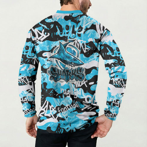 Cronulla-Sutherland Sharks Rugby Button Sweatshirt Graffiti Typography Urban Camo Abstract Street Style