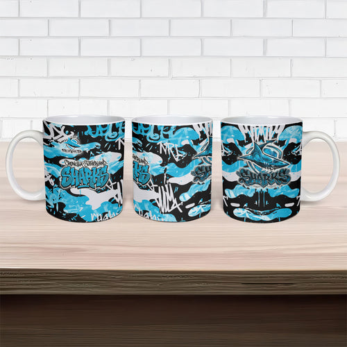 Cronulla-Sutherland Sharks Rugby Ceramic Mug Graffiti Typography Urban Camo Abstract Street Style