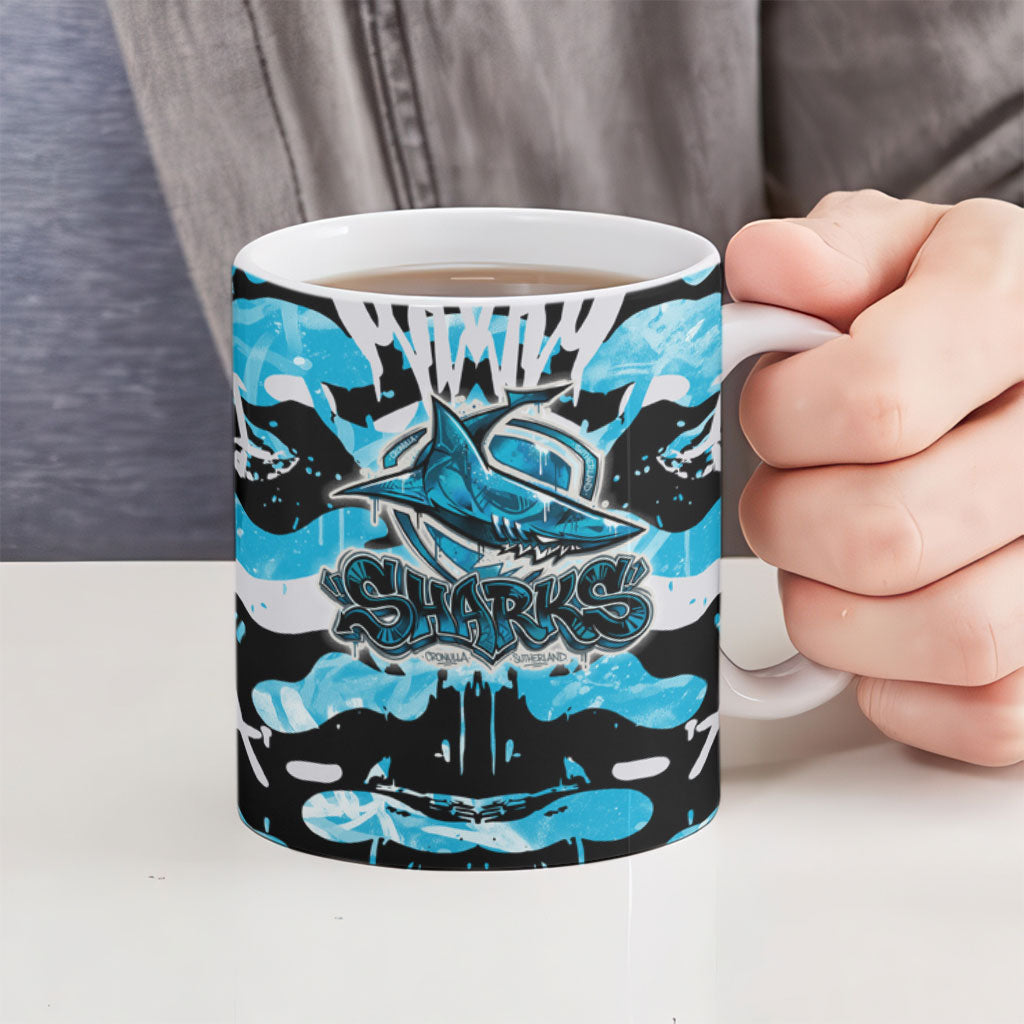 Cronulla-Sutherland Sharks Rugby Ceramic Mug Graffiti Typography Urban Camo Abstract Street Style