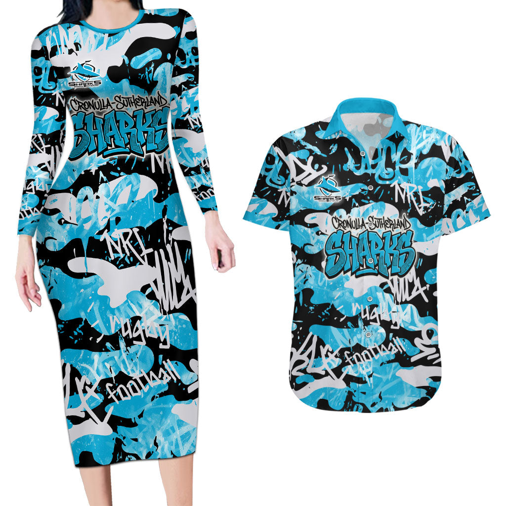 Cronulla-Sutherland Sharks Rugby Couples Matching Long Sleeve Bodycon Dress and Hawaiian Shirt Graffiti Typography Urban Camo Abstract Street Style