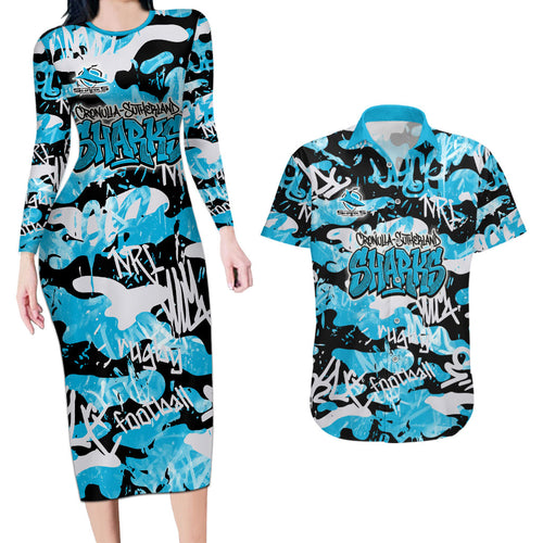 Cronulla-Sutherland Sharks Rugby Couples Matching Long Sleeve Bodycon Dress and Hawaiian Shirt Graffiti Typography Urban Camo Abstract Street Style