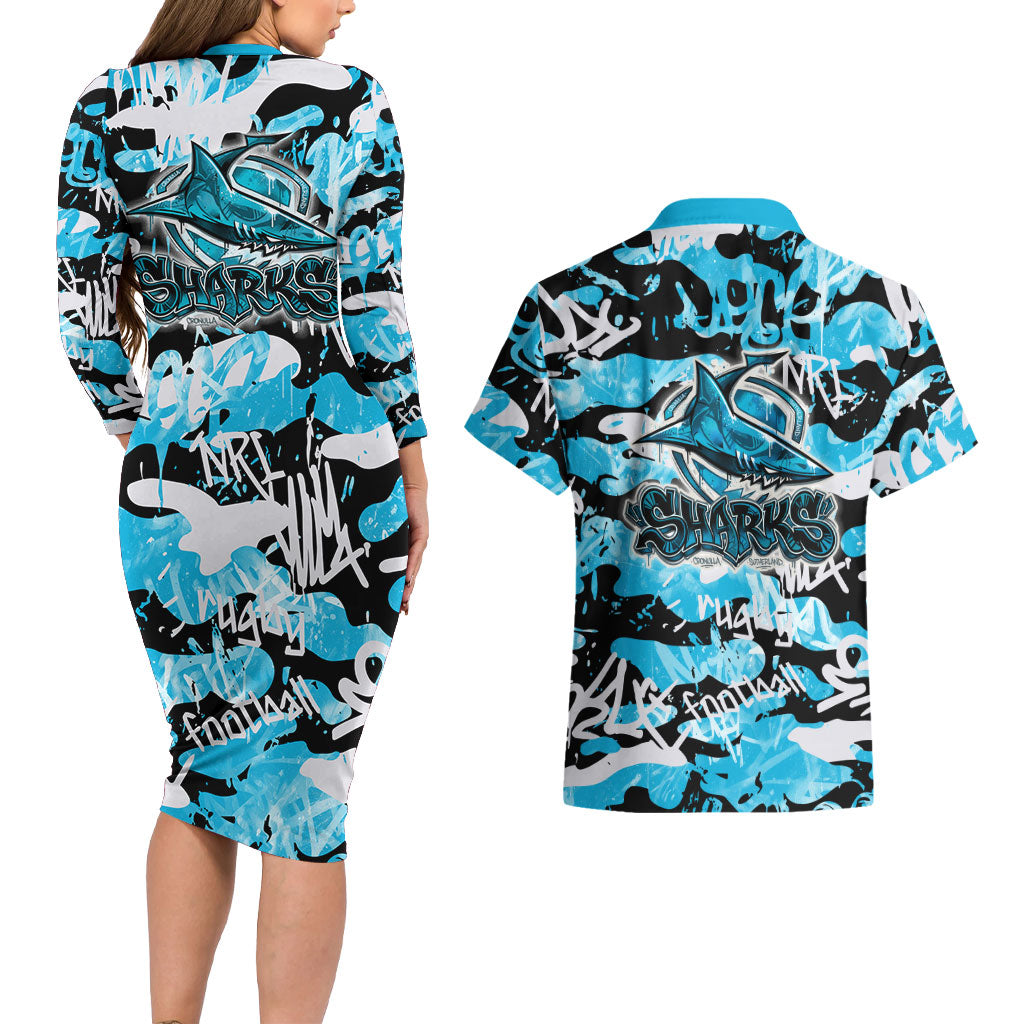 Cronulla-Sutherland Sharks Rugby Couples Matching Long Sleeve Bodycon Dress and Hawaiian Shirt Graffiti Typography Urban Camo Abstract Street Style