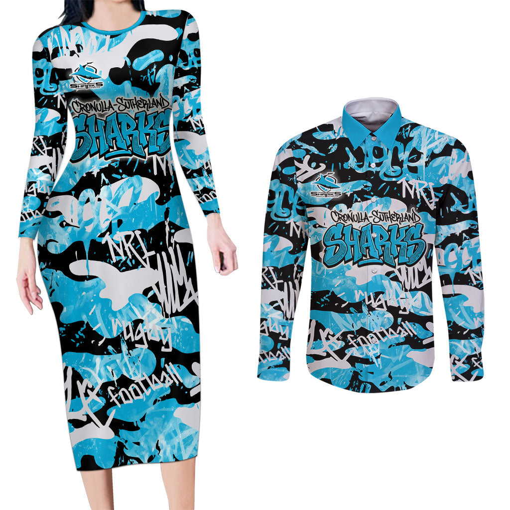 Cronulla-Sutherland Sharks Rugby Couples Matching Long Sleeve Bodycon Dress and Long Sleeve Button Shirt Graffiti Typography Urban Camo Abstract Street Style