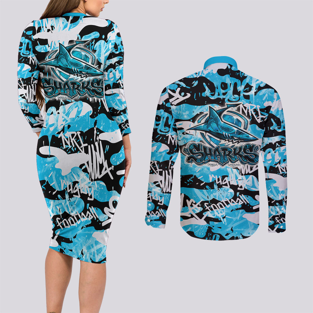 Cronulla-Sutherland Sharks Rugby Couples Matching Long Sleeve Bodycon Dress and Long Sleeve Button Shirt Graffiti Typography Urban Camo Abstract Street Style