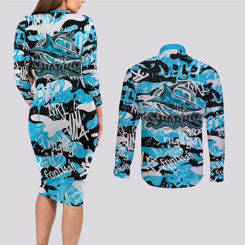 Cronulla-Sutherland Sharks Rugby Couples Matching Long Sleeve Bodycon Dress and Long Sleeve Button Shirt Graffiti Typography Urban Camo Abstract Street Style