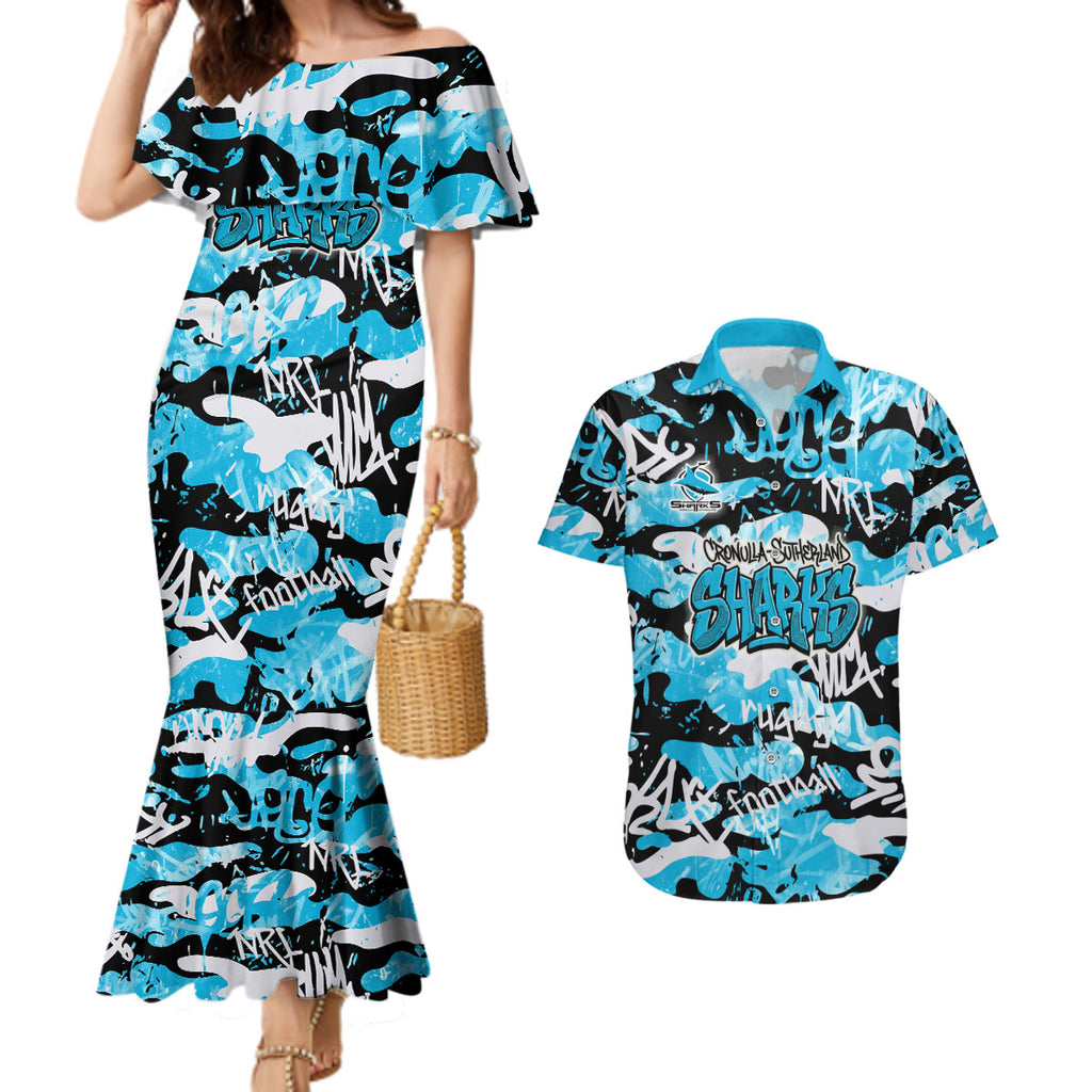 Cronulla-Sutherland Sharks Rugby Couples Matching Mermaid Dress and Hawaiian Shirt Graffiti Typography Urban Camo Abstract Street Style