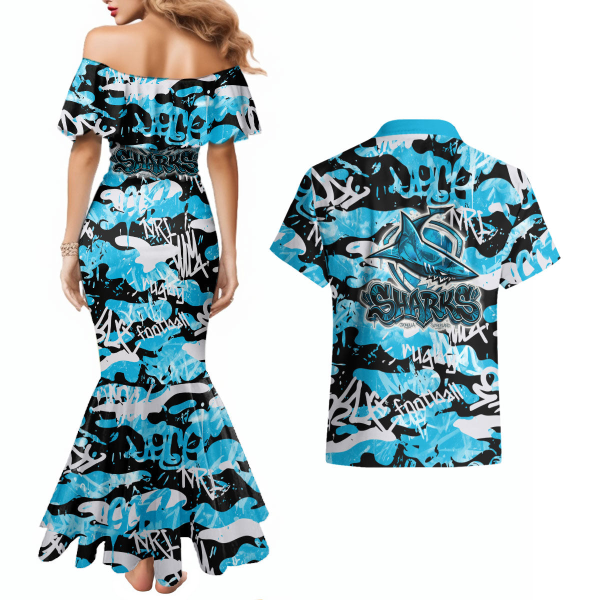 Cronulla-Sutherland Sharks Rugby Couples Matching Mermaid Dress and Hawaiian Shirt Graffiti Typography Urban Camo Abstract Street Style