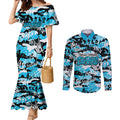 Cronulla-Sutherland Sharks Rugby Couples Matching Mermaid Dress and Long Sleeve Button Shirt Graffiti Typography Urban Camo Abstract Street Style