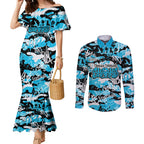 Cronulla-Sutherland Sharks Rugby Couples Matching Mermaid Dress and Long Sleeve Button Shirt Graffiti Typography Urban Camo Abstract Street Style