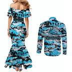 Cronulla-Sutherland Sharks Rugby Couples Matching Mermaid Dress and Long Sleeve Button Shirt Graffiti Typography Urban Camo Abstract Street Style