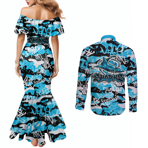 Cronulla-Sutherland Sharks Rugby Couples Matching Mermaid Dress and Long Sleeve Button Shirt Graffiti Typography Urban Camo Abstract Street Style
