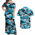Cronulla-Sutherland Sharks Rugby Couples Matching Off Shoulder Maxi Dress and Hawaiian Shirt Graffiti Typography Urban Camo Abstract Street Style