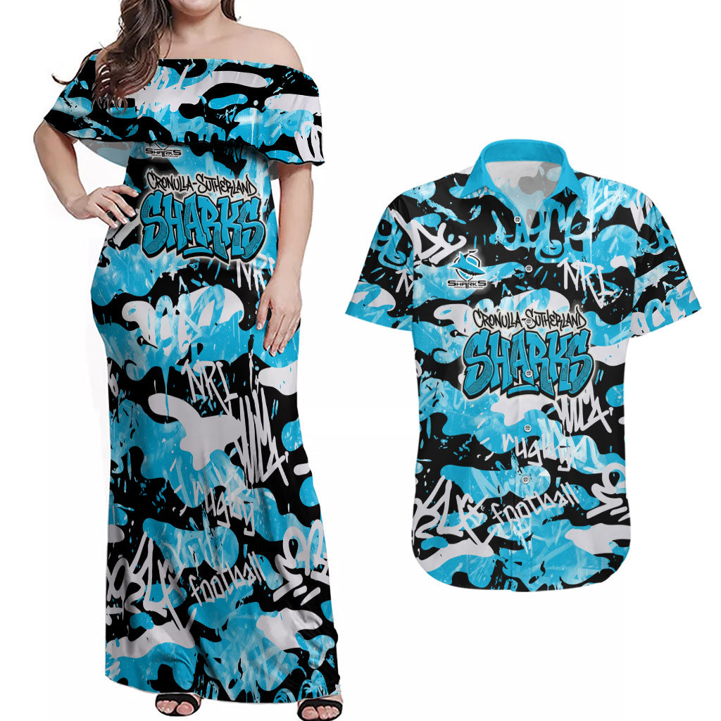 Cronulla-Sutherland Sharks Rugby Couples Matching Off Shoulder Maxi Dress and Hawaiian Shirt Graffiti Typography Urban Camo Abstract Street Style