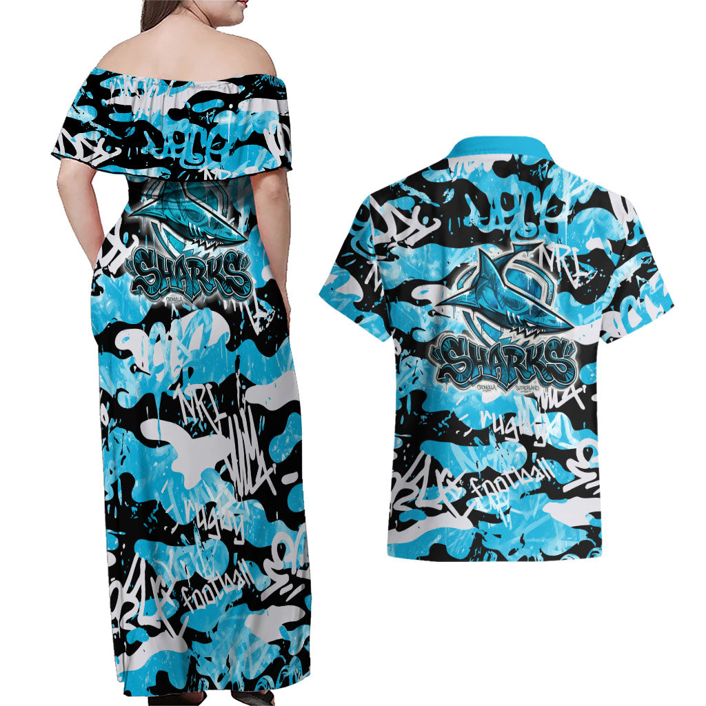 Cronulla-Sutherland Sharks Rugby Couples Matching Off Shoulder Maxi Dress and Hawaiian Shirt Graffiti Typography Urban Camo Abstract Street Style