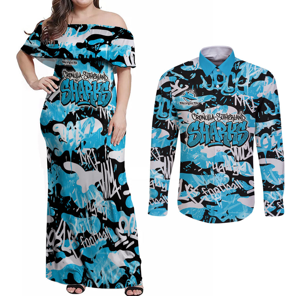 Cronulla-Sutherland Sharks Rugby Couples Matching Off Shoulder Maxi Dress and Long Sleeve Button Shirt Graffiti Typography Urban Camo Abstract Street Style