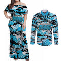 Cronulla-Sutherland Sharks Rugby Couples Matching Off Shoulder Maxi Dress and Long Sleeve Button Shirt Graffiti Typography Urban Camo Abstract Street Style