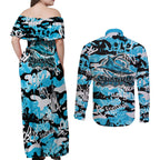 Cronulla-Sutherland Sharks Rugby Couples Matching Off Shoulder Maxi Dress and Long Sleeve Button Shirt Graffiti Typography Urban Camo Abstract Street Style