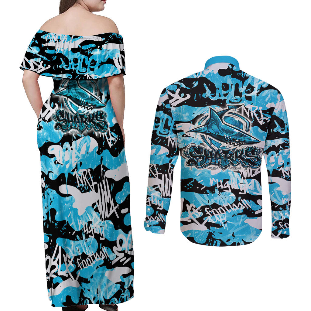 Cronulla-Sutherland Sharks Rugby Couples Matching Off Shoulder Maxi Dress and Long Sleeve Button Shirt Graffiti Typography Urban Camo Abstract Street Style