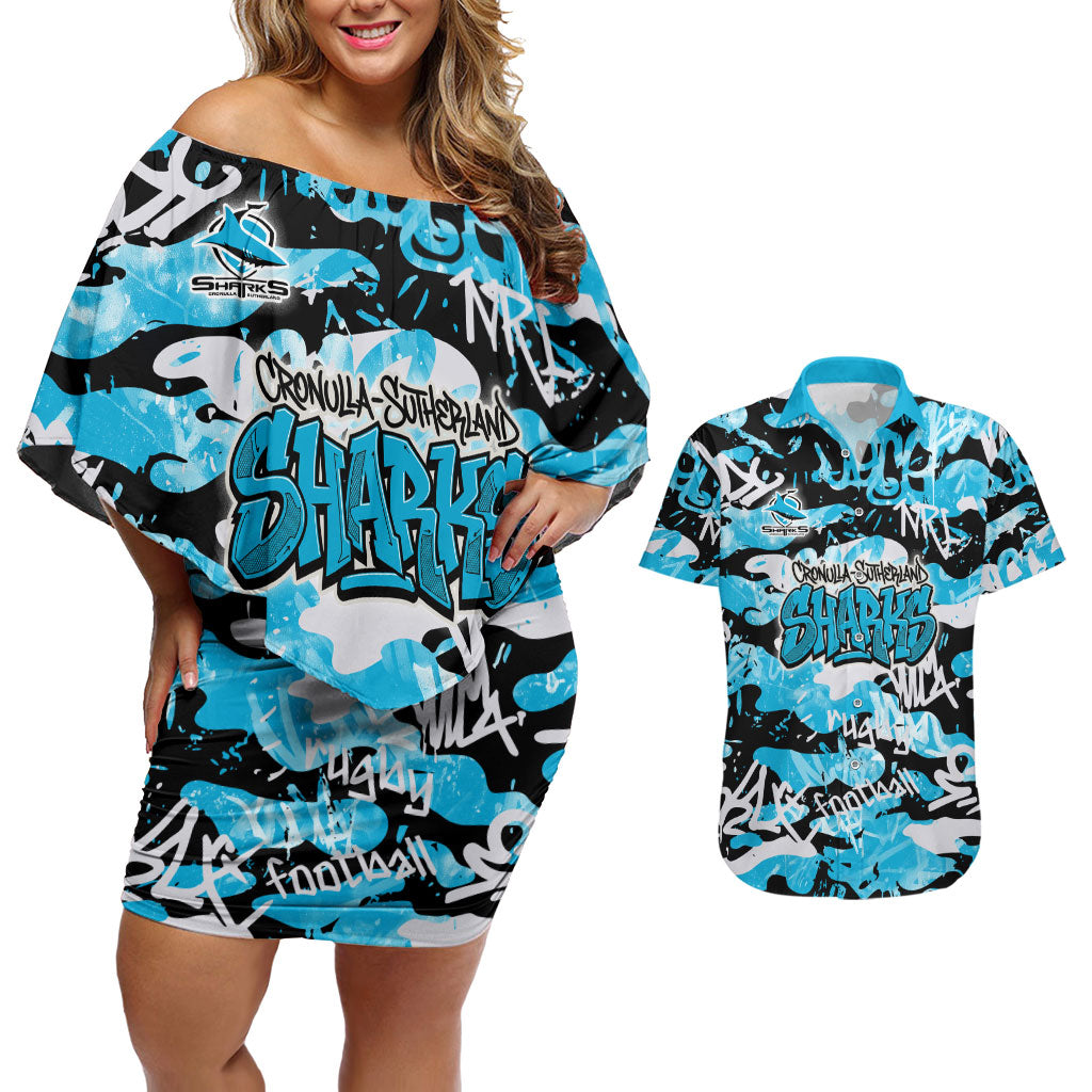 Cronulla-Sutherland Sharks Rugby Couples Matching Off Shoulder Short Dress and Hawaiian Shirt Graffiti Typography Urban Camo Abstract Street Style