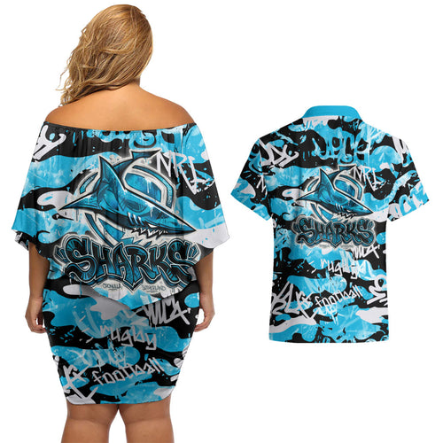 Cronulla-Sutherland Sharks Rugby Couples Matching Off Shoulder Short Dress and Hawaiian Shirt Graffiti Typography Urban Camo Abstract Street Style