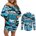Cronulla-Sutherland Sharks Rugby Couples Matching Off Shoulder Short Dress and Long Sleeve Button Shirt Graffiti Typography Urban Camo Abstract Street Style
