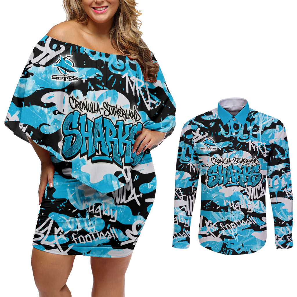 Cronulla-Sutherland Sharks Rugby Couples Matching Off Shoulder Short Dress and Long Sleeve Button Shirt Graffiti Typography Urban Camo Abstract Street Style