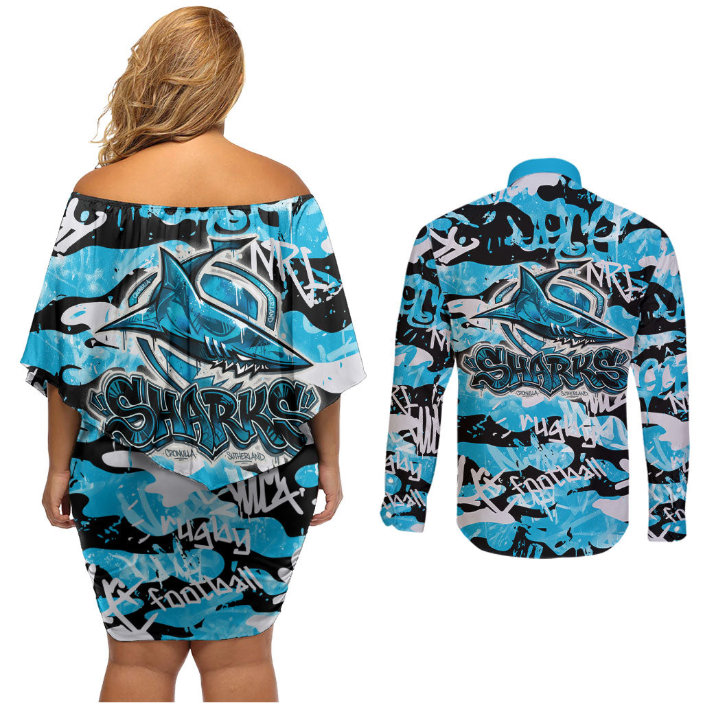 Cronulla-Sutherland Sharks Rugby Couples Matching Off Shoulder Short Dress and Long Sleeve Button Shirt Graffiti Typography Urban Camo Abstract Street Style