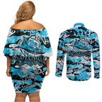 Cronulla-Sutherland Sharks Rugby Couples Matching Off Shoulder Short Dress and Long Sleeve Button Shirt Graffiti Typography Urban Camo Abstract Street Style