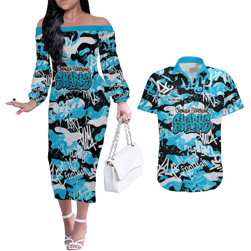 Cronulla-Sutherland Sharks Rugby Couples Matching Off The Shoulder Long Sleeve Dress and Hawaiian Shirt Graffiti Typography Urban Camo Abstract Street Style