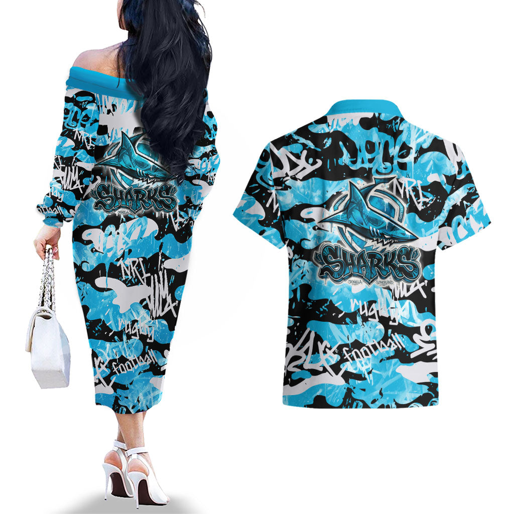 Cronulla-Sutherland Sharks Rugby Couples Matching Off The Shoulder Long Sleeve Dress and Hawaiian Shirt Graffiti Typography Urban Camo Abstract Street Style