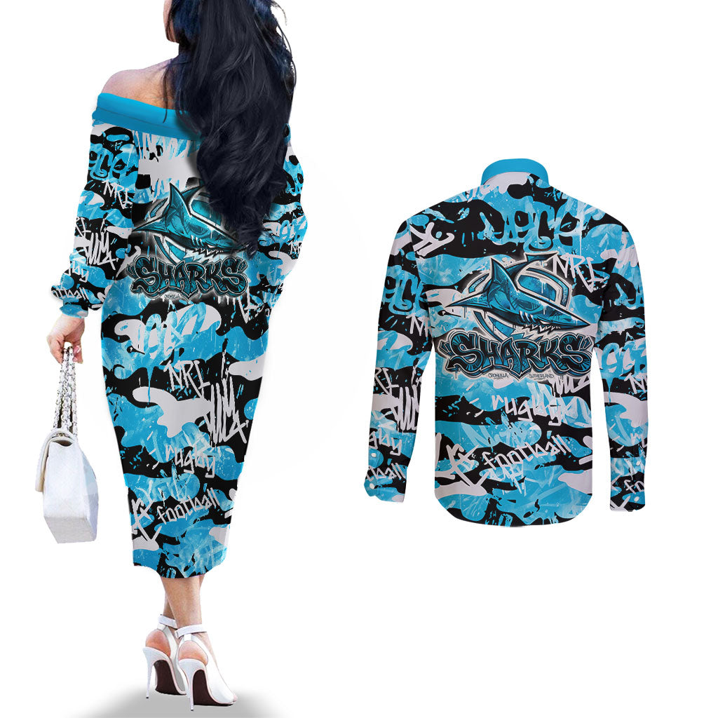 Cronulla-Sutherland Sharks Rugby Couples Matching Off The Shoulder Long Sleeve Dress and Long Sleeve Button Shirt Graffiti Typography Urban Camo Abstract Street Style