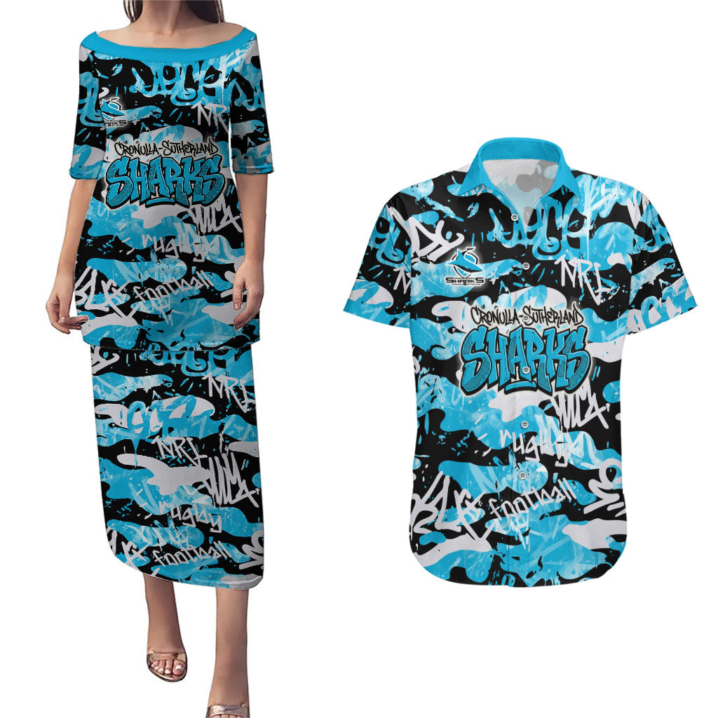 Cronulla-Sutherland Sharks Rugby Couples Matching Puletasi and Hawaiian Shirt Graffiti Typography Urban Camo Abstract Street Style