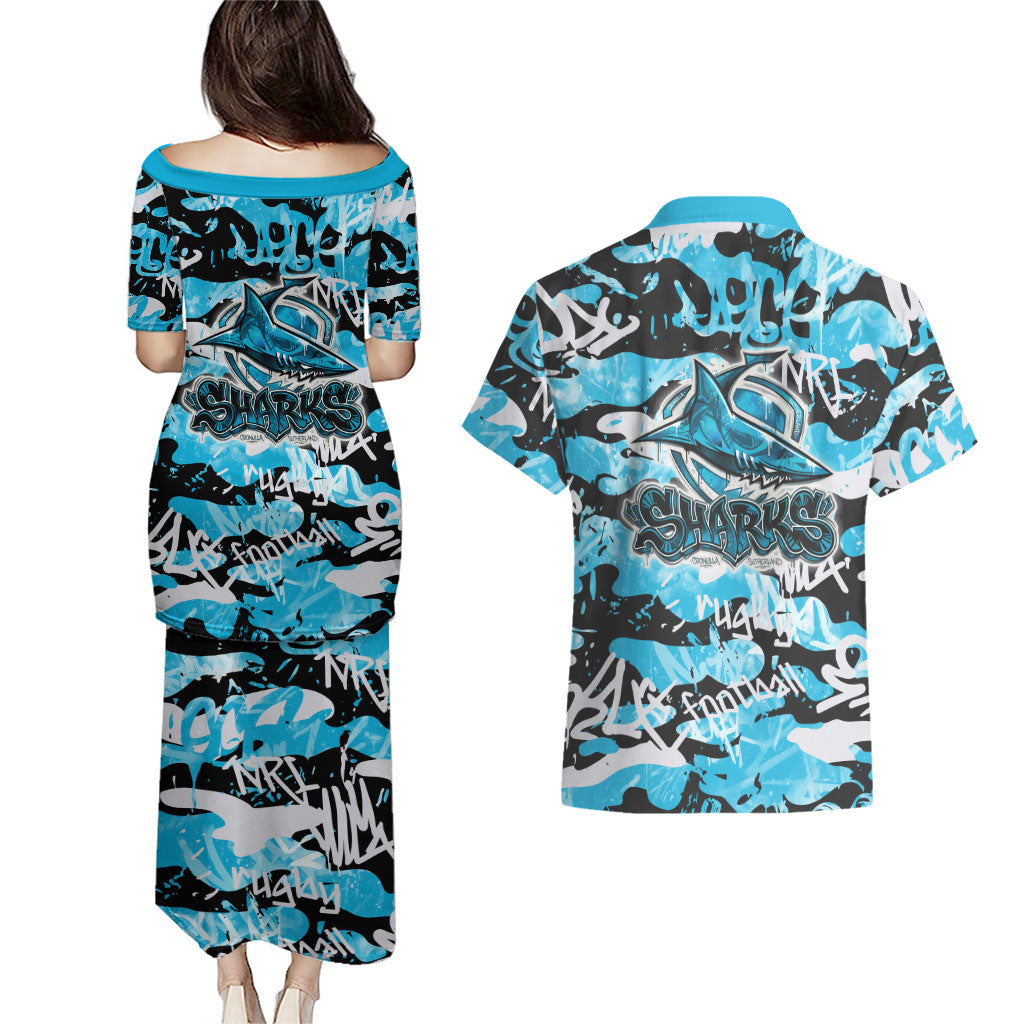 Cronulla-Sutherland Sharks Rugby Couples Matching Puletasi and Hawaiian Shirt Graffiti Typography Urban Camo Abstract Street Style