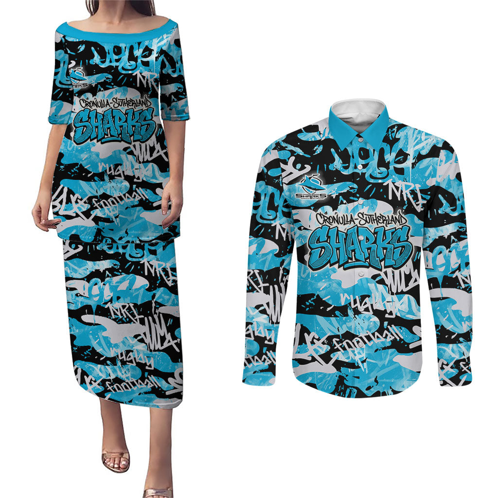 Cronulla-Sutherland Sharks Rugby Couples Matching Puletasi and Long Sleeve Button Shirt Graffiti Typography Urban Camo Abstract Street Style