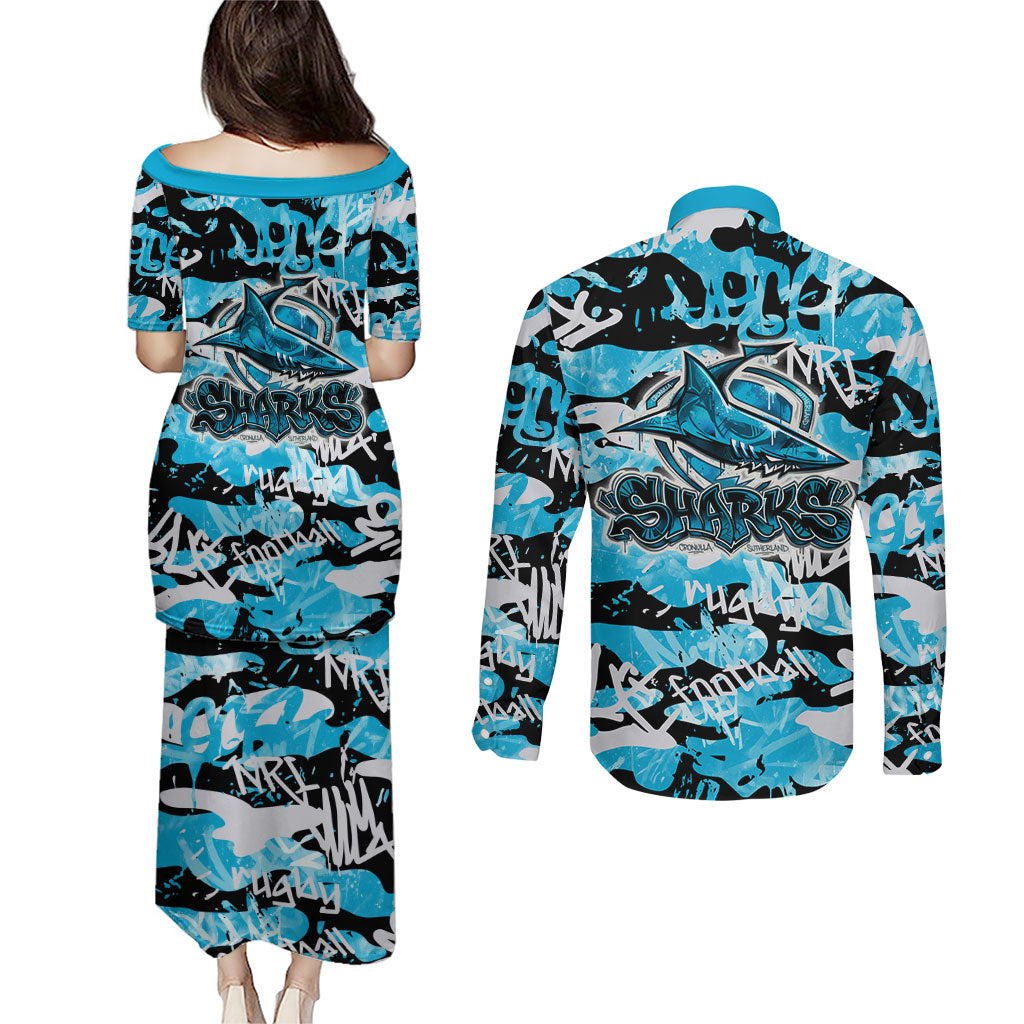 Cronulla-Sutherland Sharks Rugby Couples Matching Puletasi and Long Sleeve Button Shirt Graffiti Typography Urban Camo Abstract Street Style