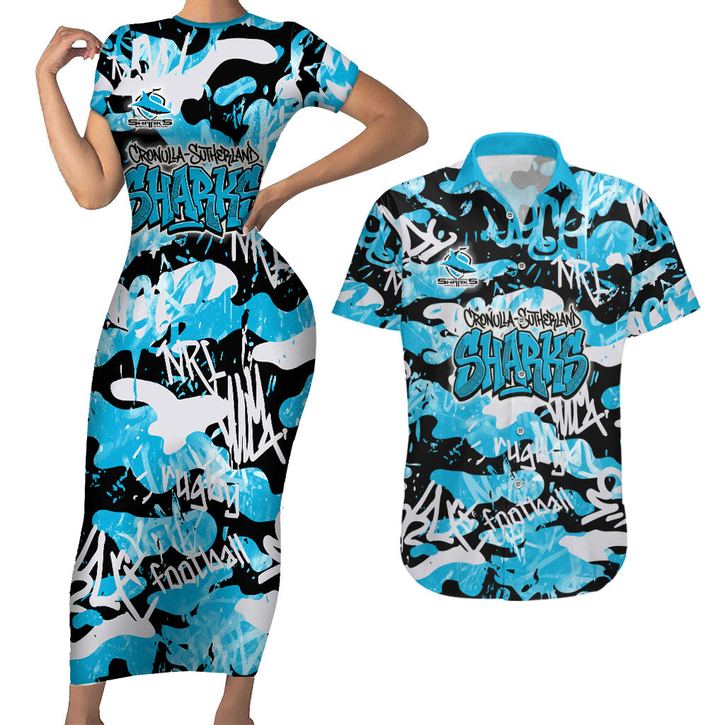 Cronulla-Sutherland Sharks Rugby Couples Matching Short Sleeve Bodycon Dress and Hawaiian Shirt Graffiti Typography Urban Camo Abstract Street Style