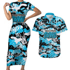 Cronulla-Sutherland Sharks Rugby Couples Matching Short Sleeve Bodycon Dress and Hawaiian Shirt Graffiti Typography Urban Camo Abstract Street Style