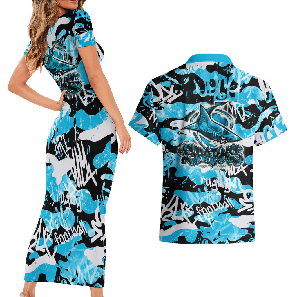 Cronulla-Sutherland Sharks Rugby Couples Matching Short Sleeve Bodycon Dress and Hawaiian Shirt Graffiti Typography Urban Camo Abstract Street Style