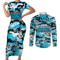 Cronulla-Sutherland Sharks Rugby Couples Matching Short Sleeve Bodycon Dress and Long Sleeve Button Shirt Graffiti Typography Urban Camo Abstract Street Style