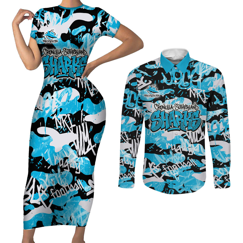 Cronulla-Sutherland Sharks Rugby Couples Matching Short Sleeve Bodycon Dress and Long Sleeve Button Shirt Graffiti Typography Urban Camo Abstract Street Style