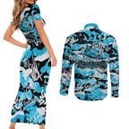Cronulla-Sutherland Sharks Rugby Couples Matching Short Sleeve Bodycon Dress and Long Sleeve Button Shirt Graffiti Typography Urban Camo Abstract Street Style