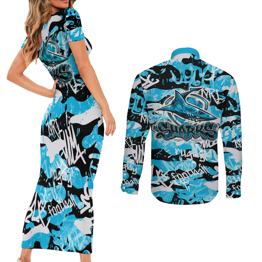 Cronulla-Sutherland Sharks Rugby Couples Matching Short Sleeve Bodycon Dress and Long Sleeve Button Shirt Graffiti Typography Urban Camo Abstract Street Style