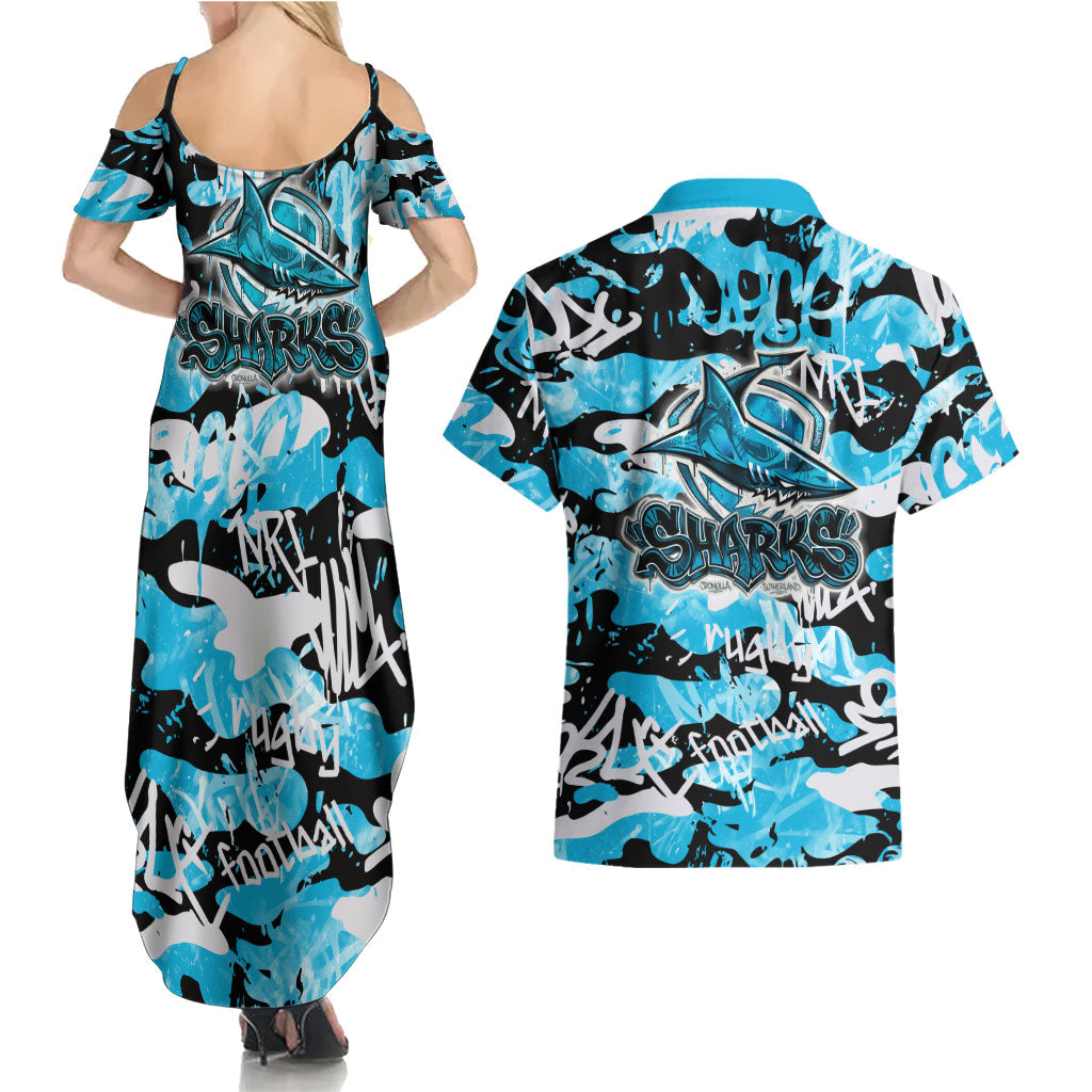 Cronulla-Sutherland Sharks Rugby Couples Matching Summer Maxi Dress and Hawaiian Shirt Graffiti Typography Urban Camo Abstract Street Style