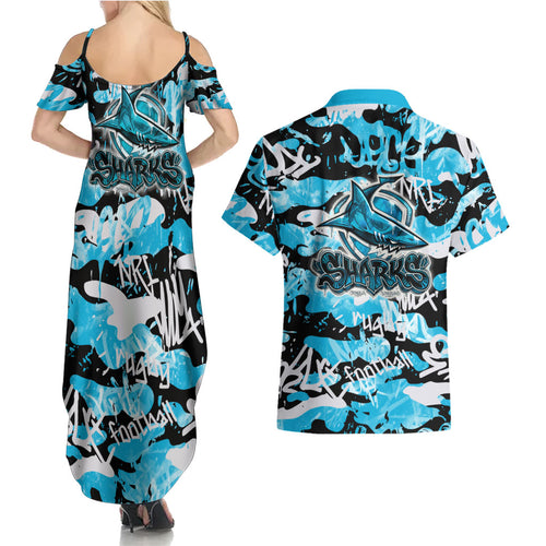 Cronulla-Sutherland Sharks Rugby Couples Matching Summer Maxi Dress and Hawaiian Shirt Graffiti Typography Urban Camo Abstract Street Style
